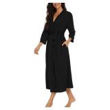 Women Kimono Robes Long Knit Bathrobe Lightweight Soft Knit Sleepwear V-neck Casual Ladies Loungewear Black-Large - Retail: $20