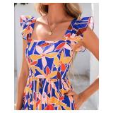 Summer Boho Floral Maxi Dress with Pockets  (Blue Size: M)