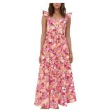Summer Boho Floral Maxi Dress with Pockets (Rose Red,XL)