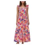 Summer Boho Floral Maxi Dress with Pockets (Pink: S)