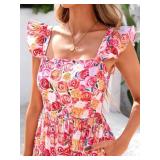 Summer Boho Floral Maxi Dress with Pockets (Rose Red,S)