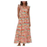 Summer Boho Floral Maxi Dress with Pockets (Orange,XS)