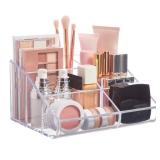 STORi Clear Plastic Vanity Makeup Organizer | 6-Compartment Holder for Brushes, Eyeshadow Palettes, & Beauty Supplies | Curved Front Design | Made in USA