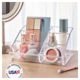 STORi Clear Plastic Vanity Makeup Organizer | 6-Compartment Holder for Brushes, Eyeshadow Palettes, & Beauty Supplies | Curved Front Design | Made in USA