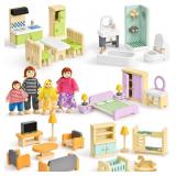 Toyssa Wooden Dollhouse Furniture Set, 36PCS Miniature Doll House Accessories with Colorful 5 Room & 4 Flexible Family Dolls, Pretend Play Toys Birthday Gift for Toddlers 3 4 5 6 Years Old