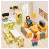Toyssa Wooden Dollhouse Furniture Set, 36PCS Miniature Doll House Accessories with Colorful 5 Room & 4 Flexible Family Dolls, Pretend Play Toys Birthday Gift for Toddlers 3 4 5 6 Years Old