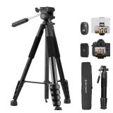 K&F CONCEPT Camera Tripod, 75 Lightweight Portable Travel Outdoor DSLR Tripods for Camera Phone Video Recording Tripod Stand, Cellphone Clip for Smartphone Live Streaming Vlog, Black