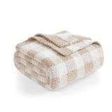 Snuggle Sac Checkered Throw Blanket for Couch, Super Soft Cozy Warm Knit Netural Decorative Fluffy Blankets, Reversible Buffalo Plaid Microfiber Throws for Sofa Bed, Plaid Beige, 50x60 Inches