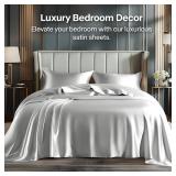 BEDELITE Satin Sheets Queen Size Bed Set, Luxury Soft Grey Silky Sheets for Hair and Skin, Similar to Silk Bed Sheets Set 4 Pieces with 1 Deep Pocket Fitted Sheet, 1 Flat Sheet, and 2 Pillowcases