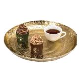 MyGift 13 Inch Round Deluxe Modern Etched Design Brass Tone Metal Serving Tray, Decorative Centerpiece Platter Display for Dining and Coffee Table - Made in India