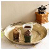 MyGift 13 Inch Round Deluxe Modern Etched Design Brass Tone Metal Serving Tray, Decorative Centerpiece Platter Display for Dining and Coffee Table - Made in India