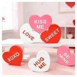 Valentines Day Decorations 6 PCS, Wooden Conversation Heart Decor for Home Table,Red White Pink Candy Heart Signs Centerpiece for Indoor Office Tiered Tray Fireplace,Valentine Gift for Couples Wedding