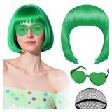 PLULON Green Bob Wig with Heart Sunglasses and Hair Cap, Colorful Short Bob Wigs Synthetic Party Wigs Funny Cosplay Hairpieces for Women Men Daily Bachelorette Halloween Costume Party Decorations MISS