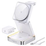 2026 Upgraded Wireless Charger 3 in 1, Foldable Wireless Charging Station with Light for Apple MagSafe Charger, Travel Magnetic Charger for iPhone 17/16/15/14/13/12 Apple Watch AirPods (20W Adapter)