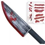 BlissfulTie Halloween Fake Knife Props - Bloody Fake Knife - 10 Halloween Scar Tattoo Stickers - Suitable for Halloween Party Knife Prop Cosplay Costumes