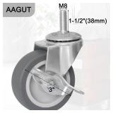 AAGUT 3 Inch Caster Wheels with Locking Brakes, Rubber Heavy Duty M8 x 1.5 Threaded Stem Industrial Castors Replacement for Workbench,Carts,Furniture,Dolly,Trolley, 4 Packs
