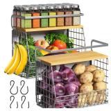 Ofiray-home Magnetic Fridge Shelf with Wood Lid, Fruit Potato Onion Storage Bins, Pantry Organizers, Large Container Spice Rack for Refrigerator, Kitchen Counter, Cabinet (2, Silver)