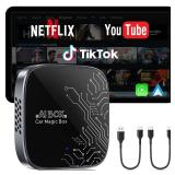 ByteWave 4-in-1 Wireless CarPlay Adapter for Streaming Netflix/YouTube/TikTok/TF Card, 2025 Magic Video AI Box & Android Auto Dongle, Plug & Play, Fits for OEM Wired CarPlay Cars