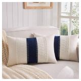 ZeeMart 2 Packs Cotton Boho Lumbar Throw Pillow Covers 12x20 Inch Contrast/Navy Blue, Soft Farmhouse Decorative Couch Pillow Cases Cushion Covers for Sofa Bed Living Room Home Decor