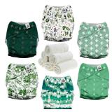Mama Koala 3.0 Pocket Cloth Diapers for Babies with AWJ Lining, 6 Pack with 6 4-Layer Natural Cloth Diaper Inserts - Reusable and Washable Pocket Diapers (Love Green)