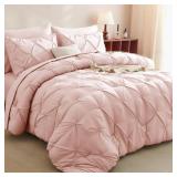CozyLux Twin Comforter Set with Sheets Blush Pink, 5 Pieces Pintuck Bed in A Bag, Twin Bed Set Gift for Family, Pinch Pleat Bedding Set with Comforter, Sheets, Pillowcase & Sham