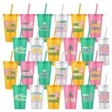 Skylety 24 Pcs Dinkball Plastic Tumblers with Lids and Straws 24 oz Reusable Iced Coffee Travel Mug Cup Bulk for Christmas Dinkball Lover Gift Accessories Birthday Party Favors Supplies Decorations