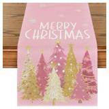 Artoid Mode Xmas Trees Snowflakes Pink Merry Christmas Table Runner, Winter Seasonal Kitchen Dining Table Decoration for Home Party Decor 13x72 Inch