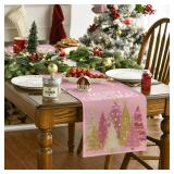 Artoid Mode Xmas Trees Snowflakes Pink Merry Christmas Table Runner, Winter Seasonal Kitchen Dining Table Decoration for Home Party Decor 13x72 Inch