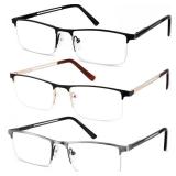 JJWELL 3 Pack Mens Reading Glasses Blue Light Blocking, Metal Rectangle Semi Rimless Readers for Men, Anti Eyestrain/Computer Glare/UV, Half Frame Spring Hinge Eyeglasses with Pouches(3.00)