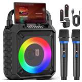 HWWR Karaoke Machine, Pro Karaoke Speaker with 2 Wireless Microphones, Portable Design 5.3 Bluetooth for Adults Kids Gifts with DJ Lights for Home Party, Outdoor Events, Supports FM/USB/AUX/REC/TF