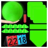 Jenaai 18 Pcs Sports Kickball Set Includes Playground Ball 5 Rubber Throw Down Bases Ball Pump Scoreboard Net Bag 10 Foul Line Cones for Adults Playground Backyard Game (10 Inch,Glow in The Dark)