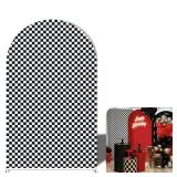 Racing Theme Birthday Baby Shower Party Arch Backdrop Cover, Double Sided Curved Top Elastic Spandex Background (6x3ft,Black and White Check) - Retail: $34