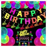 Glow Neon Party Supplies Set Glow in the Dark Happy Birthday Banner with UV Black Light Reactive Cake Topper Swirls Neon Fluorescent Latex Balloons Stars for Birthday Party - Retail: $10