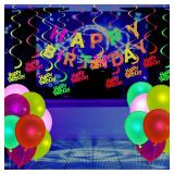 Glow Neon Party Supplies Set Glow in the Dark Happy Birthday Banner with UV Black Light Reactive Cake Topper Swirls Neon Fluorescent Latex Balloons Stars for Birthday Party - Retail: $10