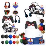 Video Game Cake Toppers Video Game Happy Birthday Controller Headset Cake Decoration Ball Cake Decoration for Game Theme Birthday Party Cake Decoration (Blue Colorful) - Retail: $10