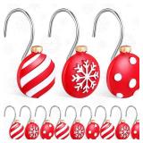 12 Pcs Christmas Shower Curtain Hooks Small Red Christmas Balls Shower Curtain Rings White Snowflake Holiday Shower Hooks Decorative Holiday Bathroom Accessories for Winter Bathroom Decoration - Retai