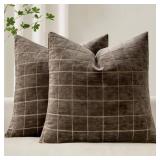 Decorative Chenille Check Throw Pillow Covers Vintage Plaid Couch Pillows 20x20 Inch Set of 2 Neutral Boho Farmhouse Cushion Covers Modern Home Decor for Sofa Bed Living Room Brown - Retail: $17