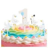 5pcs Goose Cake Decorations, Silly Goose Number 1 Cupcake Topper Cute 1st Birthday Decor for One Birthday Party Baby Shower Animal Theme Party (Blue) - Retail: $3