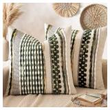 Pack of 2 Boho Decorative Throw Pillow Covers 18x18 Farmhouse Cushion Case Striped Chenille Pillow Cases Square Pillow Covers Accent Neutral Pillowcase for Sofa Couch Bed, Olive Green Stripe - Retail: