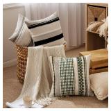 Pack of 2 Boho Decorative Throw Pillow Covers 18x18 Farmhouse Cushion Case Striped Chenille Pillow Cases Square Pillow Covers Accent Neutral Pillowcase for Sofa Couch Bed, Olive Green Stripe - Retail: