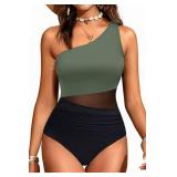 Women One Piece One Shoulder Swimsuit Mesh Bathing Suit Tummy Control Swimwear Army Green and Black XL - Retail: $34