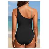 Women One Piece One Shoulder Swimsuit Mesh Bathing Suit Tummy Control Swimwear Army Green and Black XL - Retail: $34