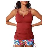 Summer Mae Tankini Swimsuits for Women Bathing Suits Top Ruched Two Piece Tummy Control Round Neck with V-Wire Swim Suits Cerulean Crimson L - Retail: $39