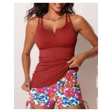 Summer Mae Tankini Swimsuits for Women Bathing Suits Top Ruched Two Piece Tummy Control Round Neck with V-Wire Swim Suits Cerulean Crimson L - Retail: $39