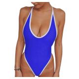 Swimsuits for Women Sexy Monokini Deep V One Piece Bathing Suits Backless Cheeky Swimwear Semi Thong Bikini (X-Large, Deep Blue) - Retail: $30