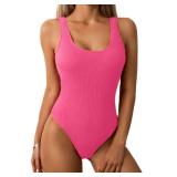 Women One Piece Swimsuit Solid Ribbed Monokini Swimwear Scoop Neck Low Back Bathing Suit Hot Pink M - Retail: $32