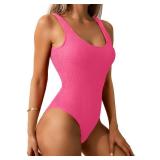 Women One Piece Swimsuit Solid Ribbed Monokini Swimwear Scoop Neck Low Back Bathing Suit Hot Pink M - Retail: $32