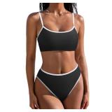 Women High Waisted Two Piece Bikini Sets Cheeky High Cut Bandeau Swimsuits Push Up Bathing Suit(Black and White, Large) - Retail: $30