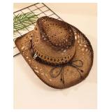 Western Straw Cowboy Hat Cowgirl Hats Hollow Out Summer Beach Sun Hat for Women Men Khaki one-Size - Retail: $34