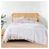 100% Cotton Waffle Queen Blanket with Fringe 90x90", Pre-Washed Waffle Weave Blanket for All Season, Lightweight Breathable Soft Cozy Throw Blanket for Couch, Bed, Travel (White) - Retail: $49"